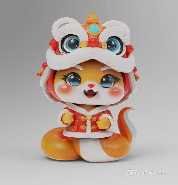 Cute Cartoon Fox Character Wearing Lion Dance Headdress And Red Outfit 3d model 