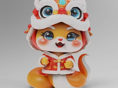 Cute Cartoon Fox Character Wearing Lion Dance Headdress And Red Outfit 3d model