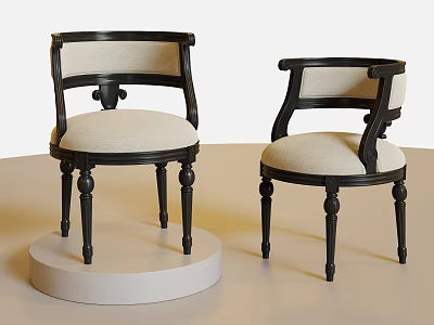 Pair of Classic Accent Chairs with Black Wooden Frame and Beige Cushion 3d model