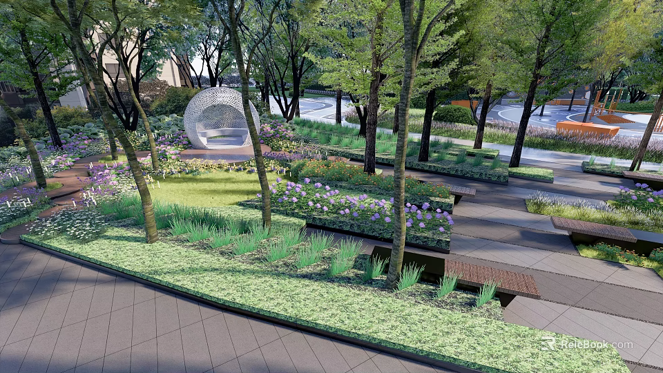 Serene Park Landscape With Lush Trees Round White Pavilion Flower Beds And Benches 3d model 