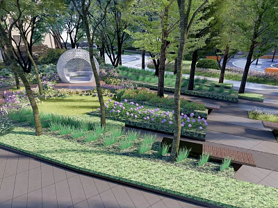 Serene Park Landscape With Lush Trees Round White Pavilion Flower Beds And Benches 3d model