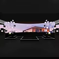 Contemporary Showroom Stage with Large Curved Screen Modern Building Display and Square Decor on Dark Floor