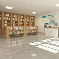 Neat Specialty Store Interior With Wooden Shelves Glass Display Cases And Computer Desk