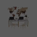 Modern Office Work Desk Setup with Wooden World Map Wall Computer Monitors Chairs and Supplies