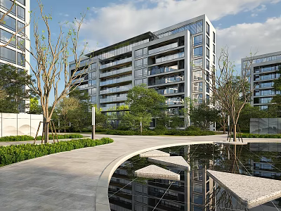 Modern Residential Building Featuring Glass Metal Facade Surrounded By Greenery Trees Pool And Walkway 3d model