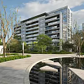 Modern Residential Building Featuring Glass Metal Facade Surrounded By Greenery Trees Pool And Walkway