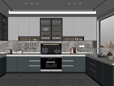 Modern Kitchen Interior With Gray Cabinets Stone Backsplash And Built In Appliances 3d model