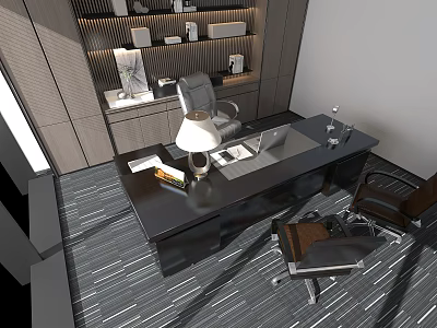 Modern Office Interior With Wooden Desk Ergonomic Chair Shelves Books Lamp And Laptop 3d model