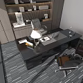 Modern Office Interior With Wooden Desk Ergonomic Chair Shelves Books Lamp And Laptop