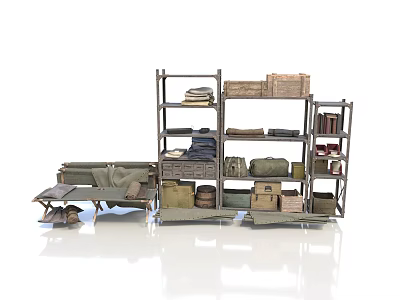 Military Camp Scenery With Shelves Boxes And Cots In Natural Landscape 3d model