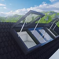 Residential Building Roof With Skylights Green Mountains Blue Sky And Green Grass