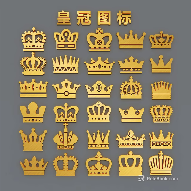 Multiple Golden Crown Designs In Various Styles On Gray Background 3d model 