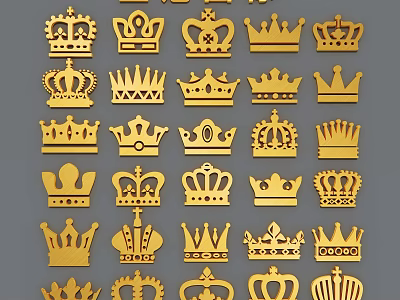 Multiple Golden Crown Designs In Various Styles On Gray Background 3d model