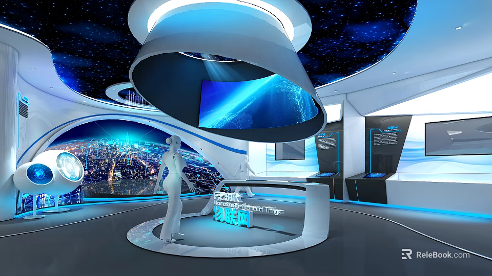 Modern Tech Exhibition Hall With Sleek Curved Design Large Screen And Starry Sky Ceiling 3d model 