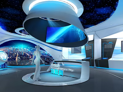Modern Tech Exhibition Hall With Sleek Curved Design Large Screen And Starry Sky Ceiling 3d model