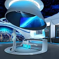 Modern Tech Exhibition Hall With Sleek Curved Design Large Screen And Starry Sky Ceiling