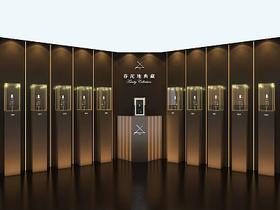 Elegant Display Shelves with Glass Fronts and LED Lights in Luxury Exhibition Room 3d model