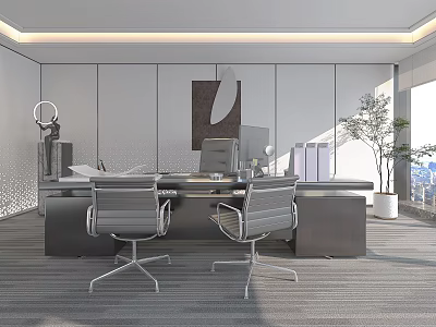 Modern Spacious Office Desk With Computer Monitor Office Chairs Potted Plant And City View 3d model