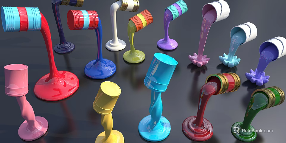 Colorful Paint Containers with Flowing Liquid in Creative Vibrant Shapes 3d model 