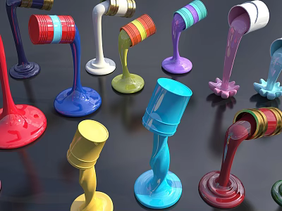 Colorful Paint Containers with Flowing Liquid in Creative Vibrant Shapes 3d model