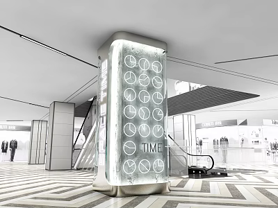 Modern Pillar With Multiple Clocks TIME Text And Geometric Floor In Indoor Hall 3d model