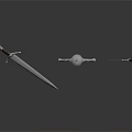 Three Medieval Swords Displayed with Central Long Blade and Side Daggers on Dark Background