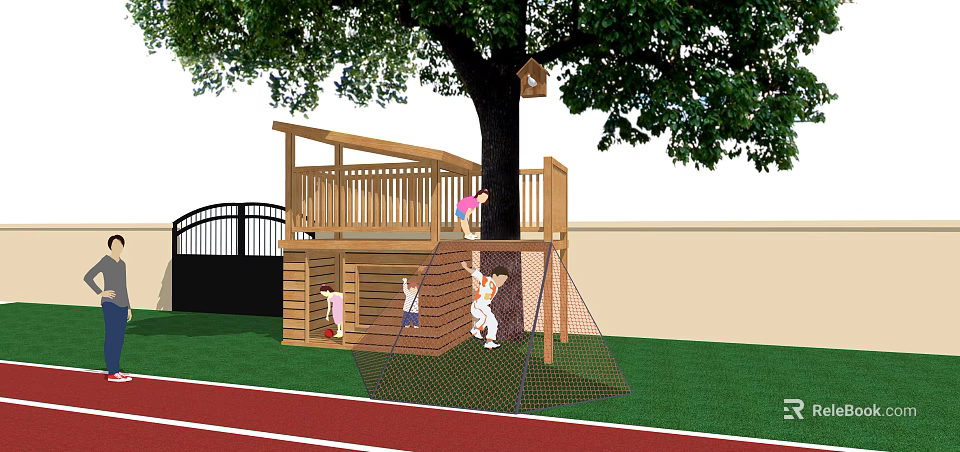 Wooden Playground Equipment With Tree Platform Climbing Net For Kids Outdoor Play 3d model 