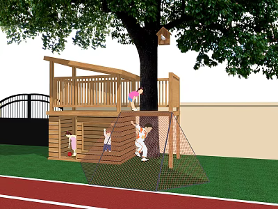 Wooden Playground Equipment With Tree Platform Climbing Net For Kids Outdoor Play 3d model