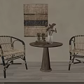 Rattan Leisure Chairs with Round Wooden Table and Woven Wall Tapestry on Wooden Floor
