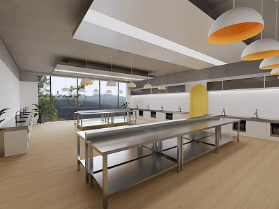 Commercial Kitchen Interior Design With Stainless Steel Worktables Hanging Lights And Open Layout 3d model