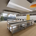 Commercial Kitchen Interior Design With Stainless Steel Worktables Hanging Lights And Open Layout