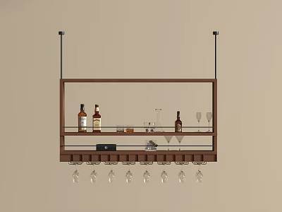Hanging Wooden Wine Rack with Wine Bottles and Glasses for Home Bar 3d model