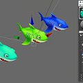 Three Colorful Cartoon Style Toy Shark Figures With Big Eyes And Smiling Mouth