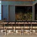 Modern Restaurant Interior With Long Tables Chairs Glass Walls And Wooden Decor