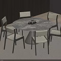 Round Marble Dining Table Set with Six Wooden Frame Chairs and Light Colored Cushions 3d model