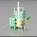 Colorful Multi Story Building Model With Teal Beige Exterior Balconies And Palm Tree
