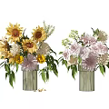Decorative Striped Vase With Sunflowers Yellow Pink White Flowers And Green Leaves