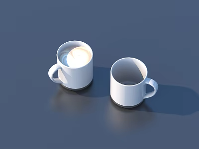 Two White Mugs With One Containing Light Colored Beverage And Empty One On Dark Surface 3d model