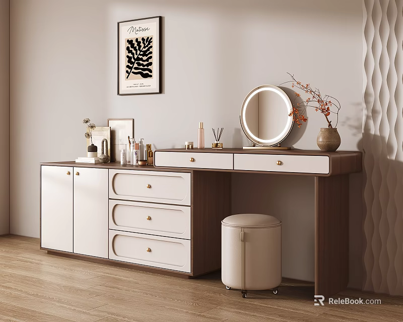 Wooden White Dressing Table with Round Mirror Drawers Padded Stool and Vanity Items 3d model 