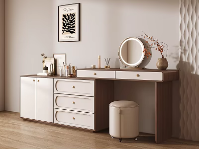 Wooden White Dressing Table with Round Mirror Drawers Padded Stool and Vanity Items 3d model