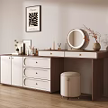 Wooden White Dressing Table with Round Mirror Drawers Padded Stool and Vanity Items