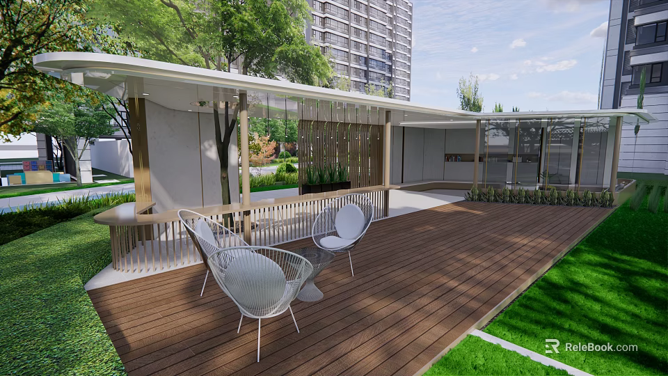 Modern Outdoor Pergola With Wooden Deck White Chairs Green Plants And High-Rise View 3d model 