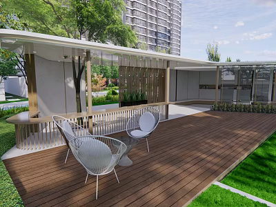Modern Outdoor Pergola With Wooden Deck White Chairs Green Plants And High-Rise View 3d model