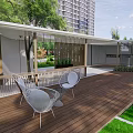 Modern Outdoor Pergola With Wooden Deck White Chairs Green Plants And High-Rise View