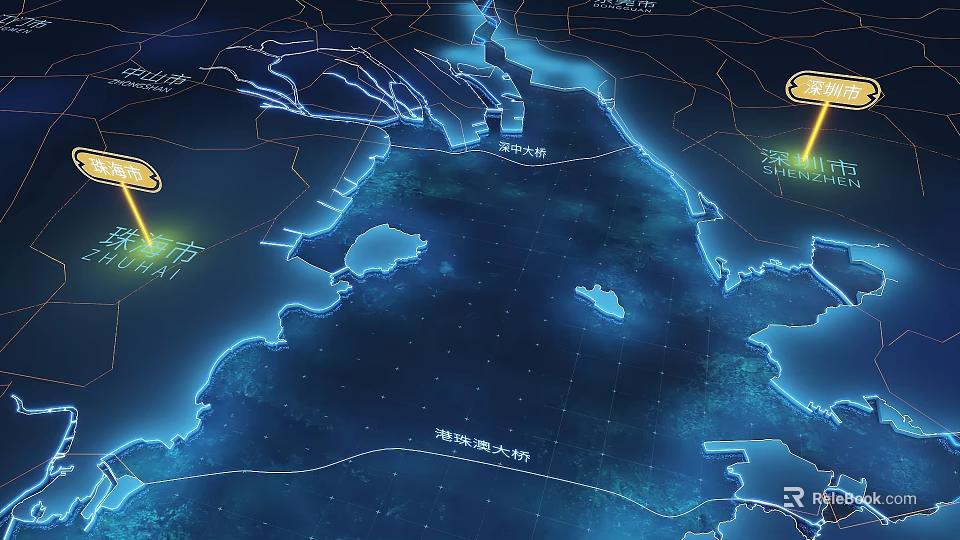 Futuristic Glowing Map Of Guangdong Hong Kong Macao Greater Bay Area Marking Cities And Bridges 3d model 