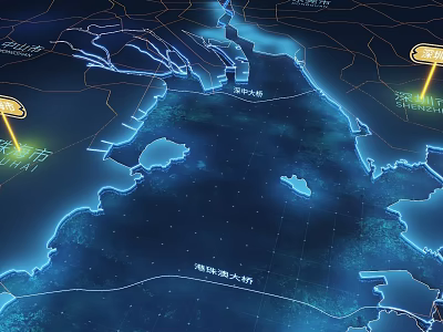 Futuristic Glowing Map Of Guangdong Hong Kong Macao Greater Bay Area Marking Cities And Bridges 3d model
