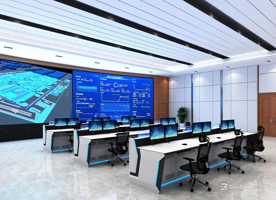 Modern Control Room Interior With Multiple Monitoring Screens Control Desks And Office Chairs 3d model 