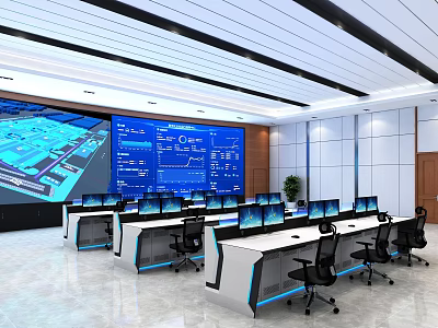 Modern Control Room Interior With Multiple Monitoring Screens Control Desks And Office Chairs 3d model