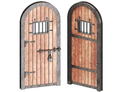 Rustic Arch Top Wooden Gates With Metal Hinges And Iron Grille Windows 3d model