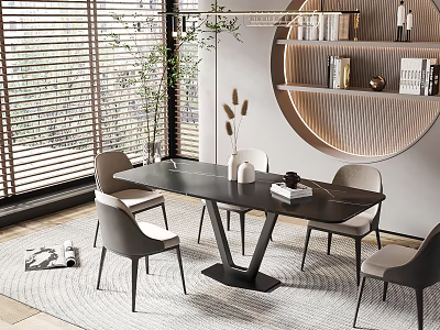 Modern Restaurant Interior With Blinds Plants Circular Wooden Shelf Gray Chairs And Black Dining Table 3d model